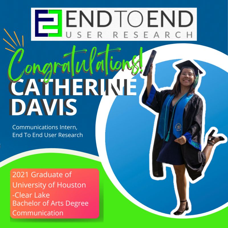 A social media post congratulates communication intern Catherine Davis on completing her college education. Catherine stands on one foot holding her college diploma above her head after graduating from the University of Houston-Clear Lake. 