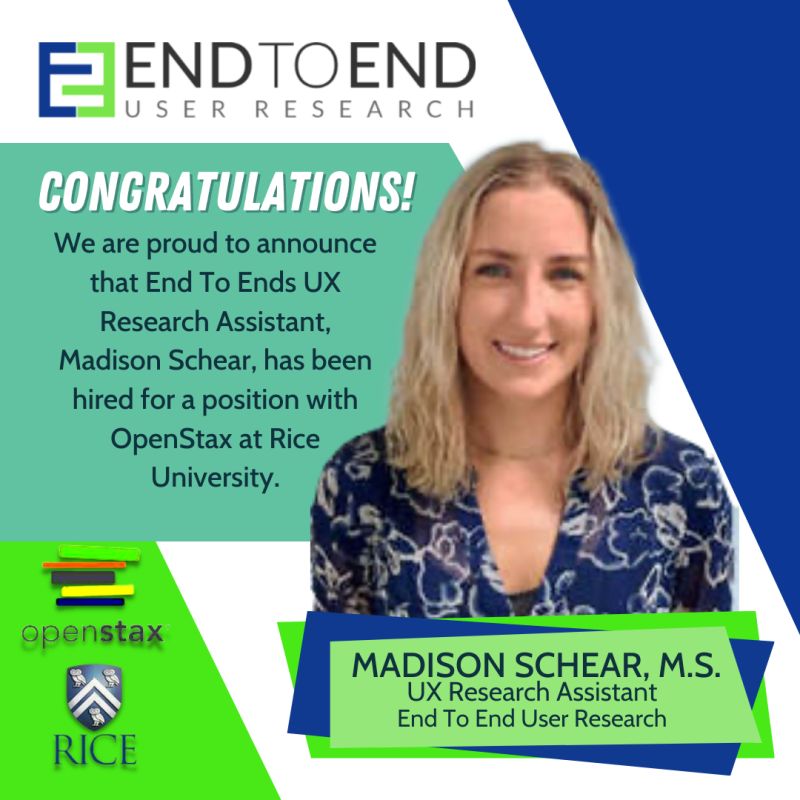 Madison Schear, M.S., smiles in a simplistic blue, green, and white social media post announcing her acceptance of a research design position with Open Stax at Rice University. 