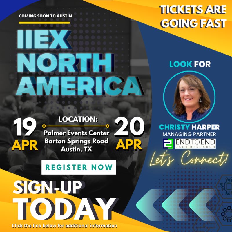An Instagram post announces Christy Harper as an attendee for the IIEX North America conference located in Austin, Texas. The conference will be held at the Palmer Events Center on Barton Springs Road on April 19th to the 20th.