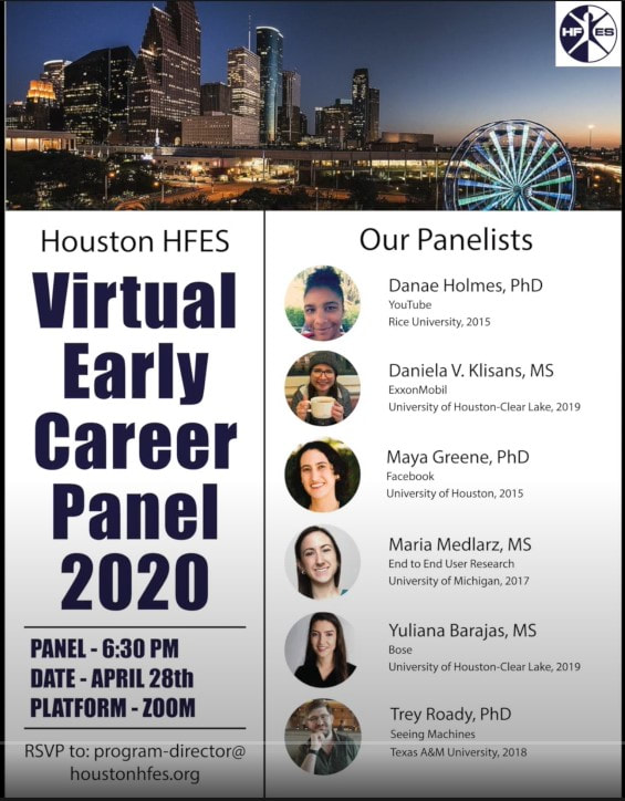 Houston virtual early career panel 2020. April 28 at 6:30 pm on Zoom. Headshot photos of panelists Diane Holmes, PhD, Daniela V. Klisans, MS, Maya Greene, PhD, Maria Medlarz, MS, Yuliana Barajas, MS, and Trey Roady, PhD.