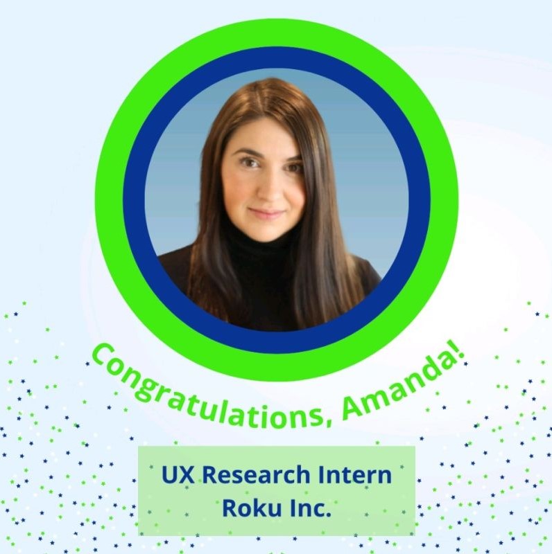 Congratulations Amanda. New internship position with Roku Inc. Headshot photo of Amanda. 