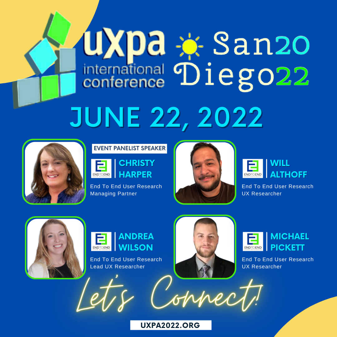 An Instagram post announces that Christy Harper will attend the UXPA international conference in San Diego, California on June 22, 2022. Christy is an event panelist speaker. Headshot photos of Christy Harper, Will Althoff, Andrea Wilson, and Michael Pickett.