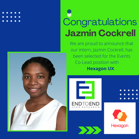 A social media post congratulates Jazmin Cockrell on accepting an Events co-lead postition with Hexagon. Jazmin smiles in a professional head shot alongside the End to End and Hexagon logos on a blue and green color-blocked background.