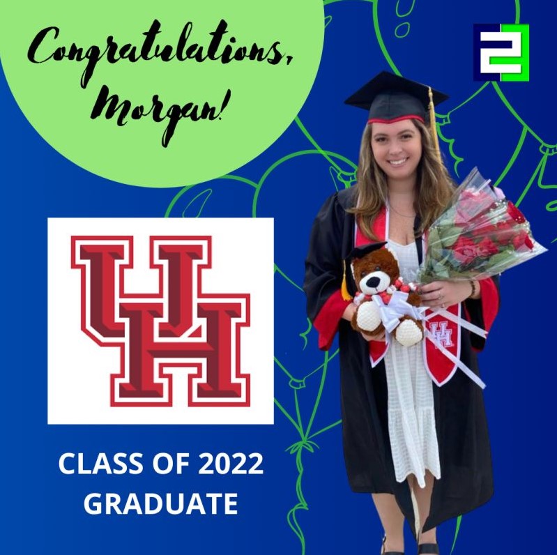 End to End congratulates Social Media and Marketing Specialist, Andréa Fontenot, for receiving the University of Houston-Clear Lake Outstanding Communication Student award. Andréa smiles in a blue, white, and green social media post announcing her acceptance of the award.