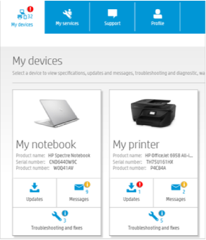 A website page depicting steps to receive customer support for a laptop and printer.